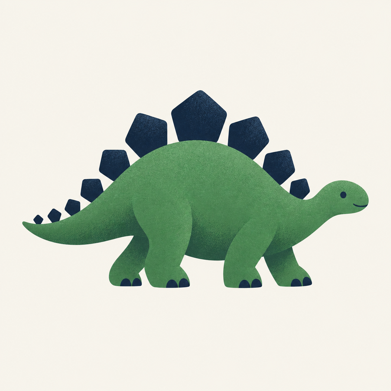 A friendly green stegosaurus with geometric navy back plates